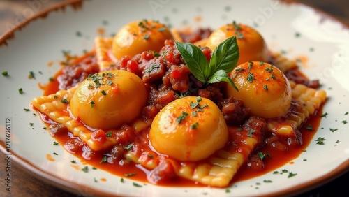 The image shows a plate of pasta dish with three eggs on top. The pasta is cooked al dente and is covered in a red tomato sauce with chunks of meat and vegetables. photo