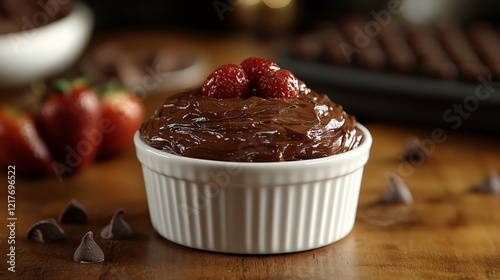 Rich chocolate dessert baked in a white ramekin on a dark marble countertop