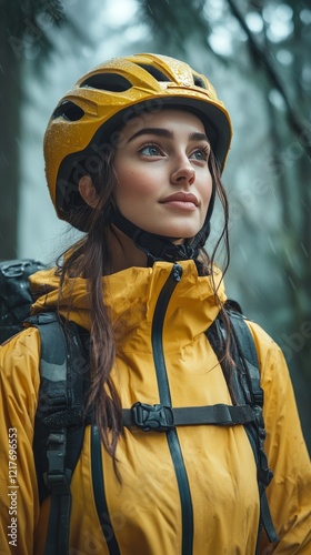 Young woman wearing a yellow rain jacket and helmet in a forest during a rain...