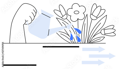 Hand pouring water onto flowers with a watering can, reinforcing growth, support, and flourishing. Ideal for gardening, sustainability, self-care, teamwork, education nature preservation abstract