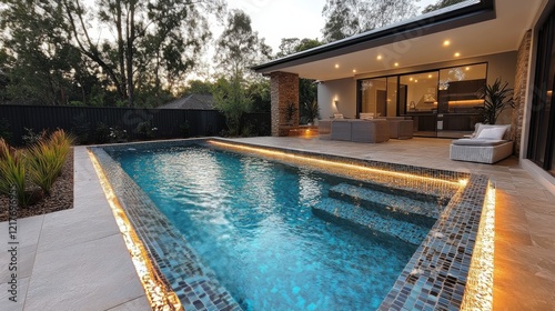 Elegant modern villa with private pool and lush surroundings at dusk