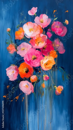 Vibrant bouquet of blooming peonies against a rich blue background in artisti...