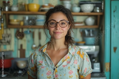 Young woman with glasses preparing food in a cozy kitchen decorated with plan...