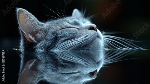Gray tabby cat gazing thoughtfully with reflection in dark background