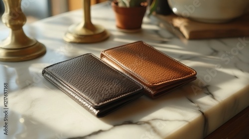 Leather wallets in various colors arranged neatly on a marble countertop in n...