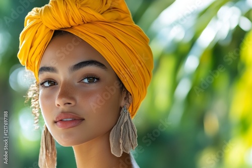 Beautiful woman wearing a yellow head wrap and intricate earrings against a n...