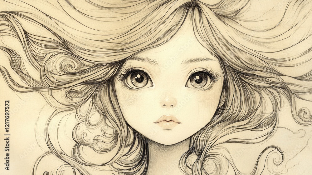 Enchanting Pencil Sketch of a Young Girl with Flowing Hair Dreamlike Portrait Art Enchanting Pencil Sketch of a Young Girl with Flowing Hair Dreamlike Portrait Art