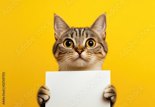 Adorable Scottish Straight cat holding a blank white card against a bold yellow background, ideal for announcements, invitations, and creative designs