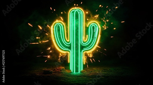 Glowing Neon Green Cactus Surrounded by Bright Orange Sparks Against a Dark Background with a Dynamic and Electric Vibe photo