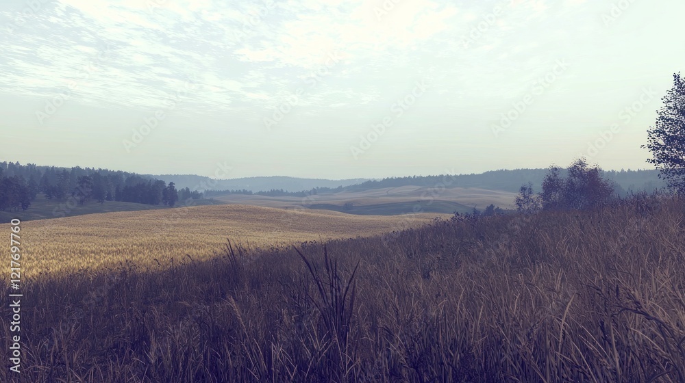 Rural autumn field landscape, hazy sunrise, calm Rural autumn field landscape, hazy sunrise, calm