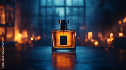 Elegant perfume bottle illuminated against a colorful background creating a l...