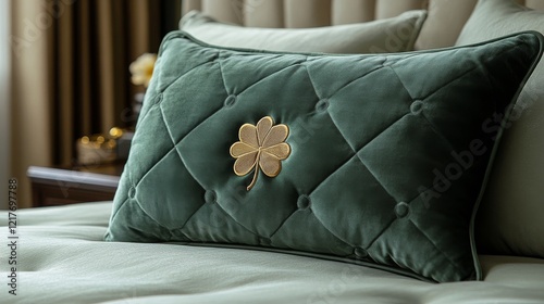 Elegant green velvet pillow with a shamrock design displayed on a cozy bed in...