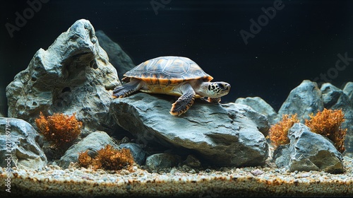 Turtle basking on a smooth rock surrounded by lush greenery in a serene pond ...