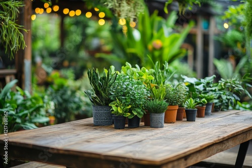 Bright green plants arranged neatly on a wooden shelf in indoor garden setting