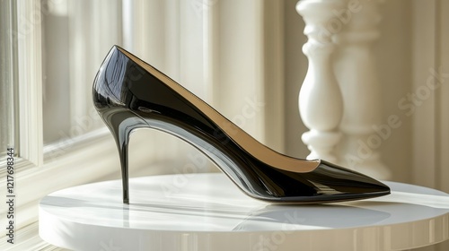 Elegant black high heel shoe on a minimalist pedestal against a gray backdrop