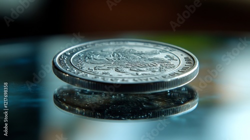 Clear glass disc resting on a reflective surface with water droplets around it