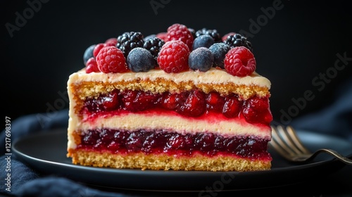 Delicious layered cake topped with berries displayed on a dark plate
