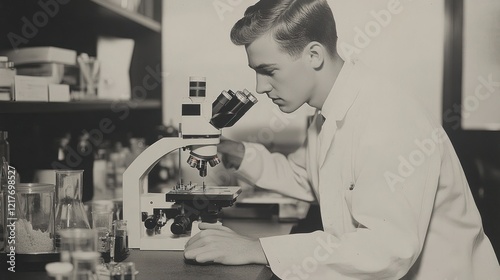 A Young Scientist at Work: A Black and White Photograph of a Man Using a Microscope in a Laboratory