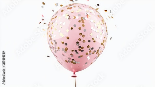 A high-resolution bright soft pink balloon adorned with scattered gold and silver confetti drifting upwards in the air, isolated as PNG cutout on a transparent background with crisp, clean edges.
