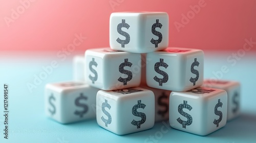 Stacked money blocks showcasing dollar signs on a pastel background with soft...