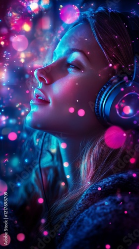 Young woman enjoying music with glowing cosmic effects in a dark studio setting