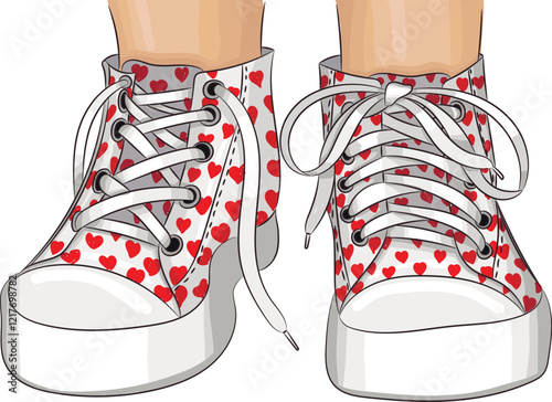 White sneakers with red hearts isolated on white