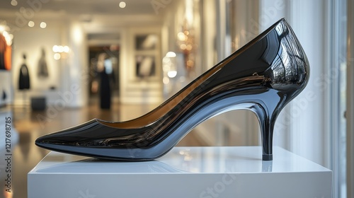 Elegant black high-heeled shoe on marble staircase with dramatic lighting at ...