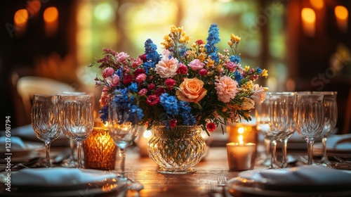 Elegant table setting adorned with vibrant flowers and soft candlelight durin...