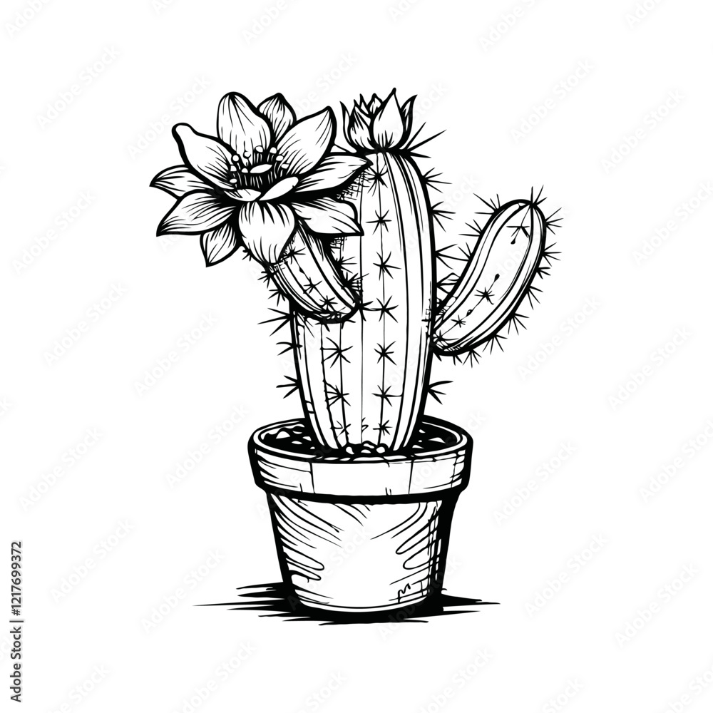 A detailed cactus with flowers in a pot, illustrated in a line art style on a plain background, representing nature's beauty