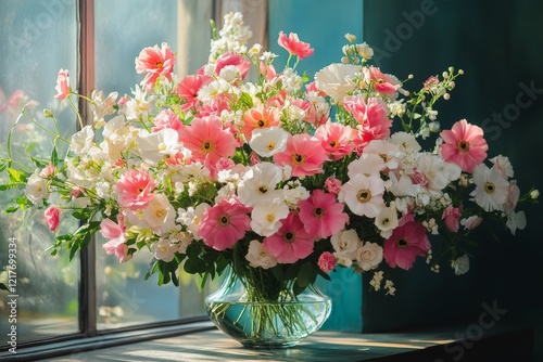 Colorful floral arrangement in a decorative vase with pink and white flowers ...