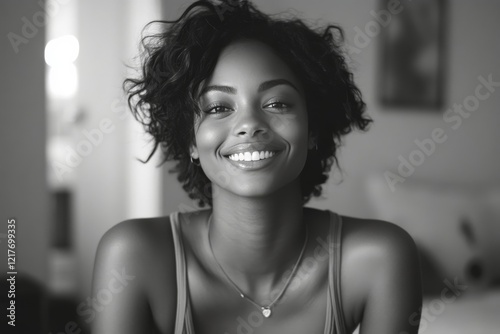 Smiling young woman with natural beauty enjoying a sunny day outdoors in a se...