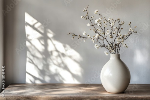Elegant white vase with cherry blossom branches on wooden table in soft sunlight