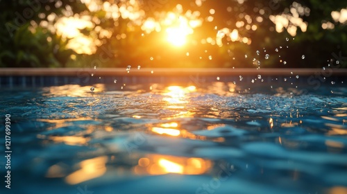 Relaxing ambiance created by floating flowers in a tranquil pool during sunset