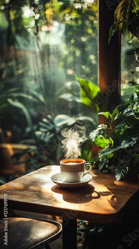 Hot coffee cup resting on a wooden table surrounded by greenery in a cozy caf...