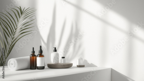 Wallpaper Mural Minimalist Skincare Display with Essential Oils, Face Creams, and Serums Arranged with Towels on a White Background with Ample Space for Branding Torontodigital.ca
