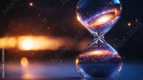 A cosmic hourglass captures the essence of time, featuring a swirling galaxy within, symbolizing the universe's mysteries and the passage of time.
