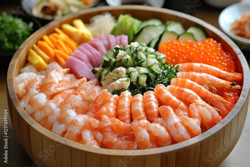 Colorful seafood bowl featuring shrimp, fish, and vegetables prepared for a f...