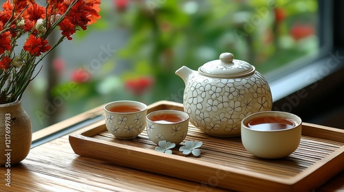 Enjoying a peaceful afternoon tea with delicate cups and a floral teapot on a...