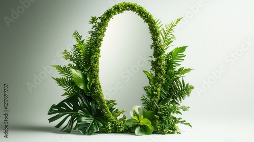 A lush green arch made of various plants, creating a natural frame that symbolizes growth and harmony.