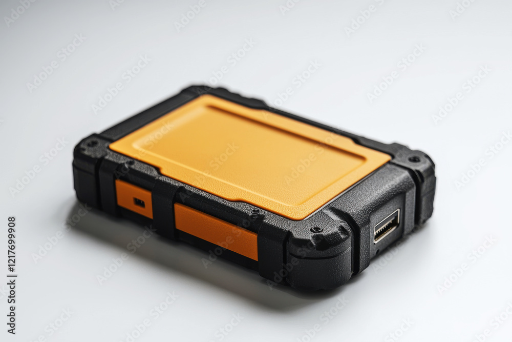 Rugged external hard drive designed for durability and shock resistance showcases protective features on a clean white background Rugged external hard drive designed for durability and shock resistance showcases protective features on a clean white background