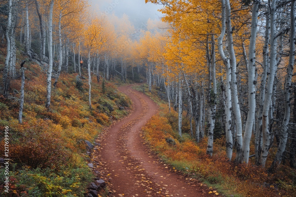 Fototapeta premium Autumn pathway through a misty forest with golden leaves and soft lighting
