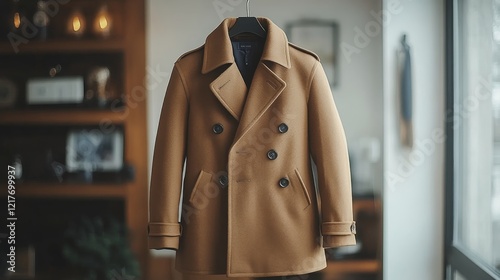Classic black trench coat elegantly displayed in cozy interior setting