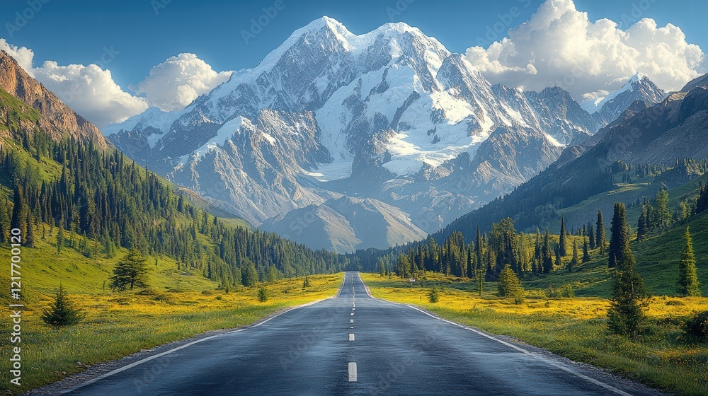 Fototapeta premium Panoramic view of a beautiful mountain road in front of snow-capped mountains.