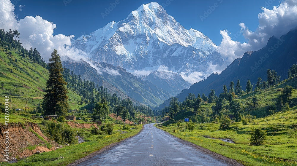 Panoramic view of a beautiful mountain road in front of snow-capped mountains. Panoramic view of a beautiful mountain road in front of snow-capped mountains.