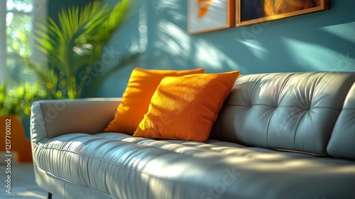 Sleek modern curved sofa with ambient lighting in a cozy contemporary living ...
