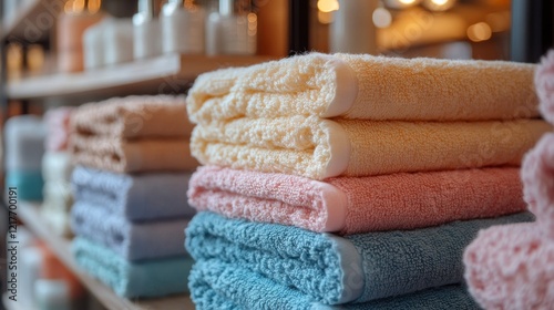 Soft towels stacked neatly on a table in a bright, natural light setting