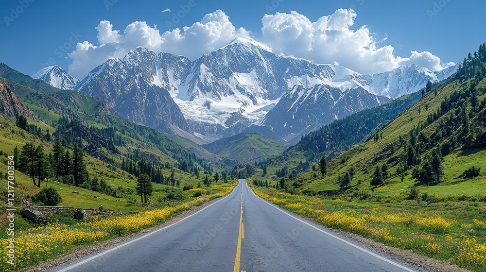 Panoramic view of a beautiful mountain road in front of snow-capped mountains. Panoramic view of a beautiful mountain road in front of snow-capped mountains.