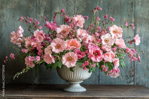 Bright and colorful ranunculus flowers arranged in a glass vase on a rustic w...