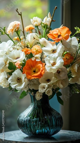 Beautiful floral arrangement in a glass vase on a wooden table near a sunny w...