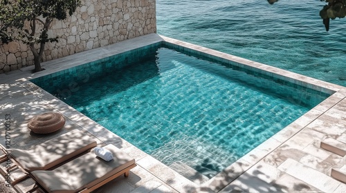 Luxurious vacation home with serene pool and ocean view under bright sky